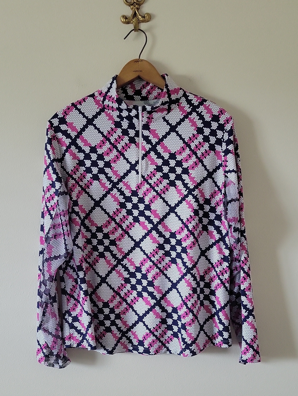 IBKUL Navy Pink White Long Sleeve Zip Mock Neck‎ UPF 50+ Sun Protection Size XXL